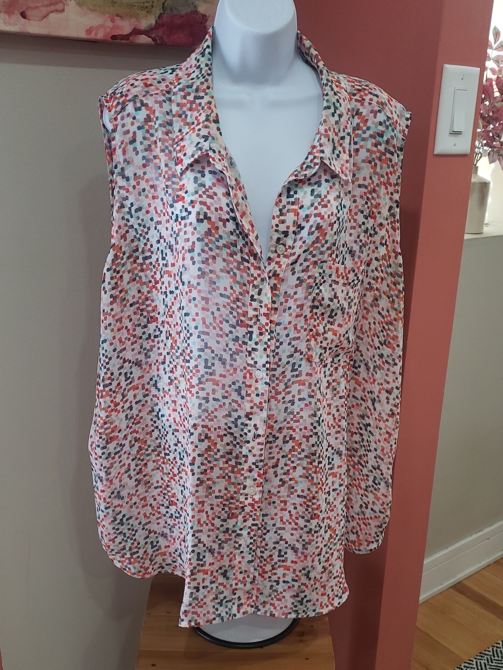 Liz Claiborne Multicolor Pixel Dot Button-Down Sleeveless Shirt,  3X